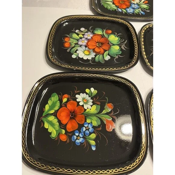 5 Vintage Zhostovo Soviet Russian Hand Painted Flowers Toleware Trays Yeha 8x6” - Picture 3 of 15